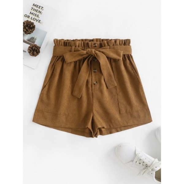 Pockets Belted Corduroy Paperbag Shorts