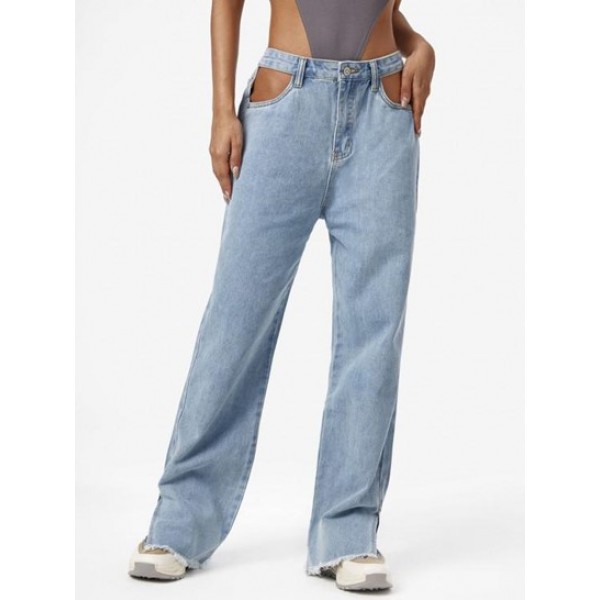 Light Wash Frayed Split Hem Straight Jeans