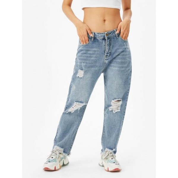 Shredded Distressed Frayed Straight Jean...