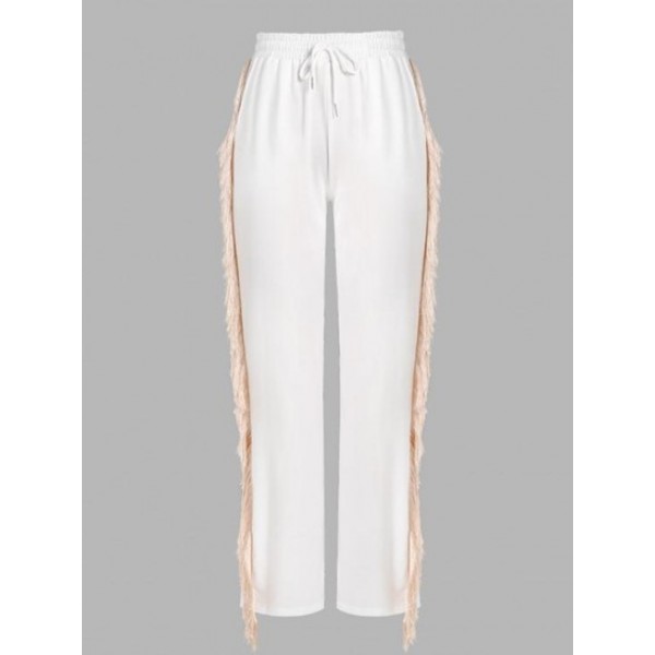 Split Hem Fringed Drawstring Straight Pants