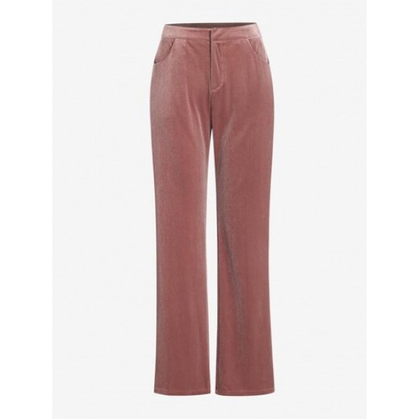 Velour Pocket High Waisted Straight Pants