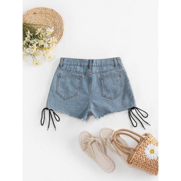 Lace Up Distressed Cut Off Denim Shorts Lace Up Distressed Cut Off Denim Shorts