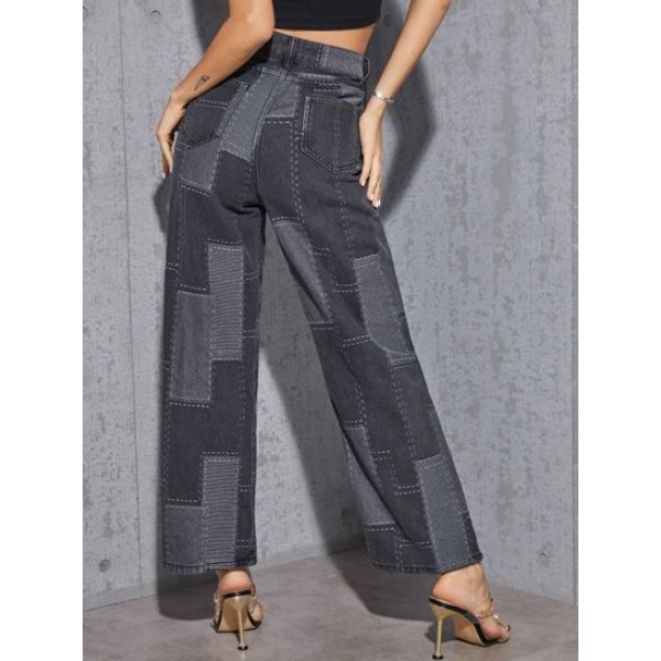 Patchwork Colorblock High Waist Straight Jeans Patchwork Colorblock High Waist Straight Jeans