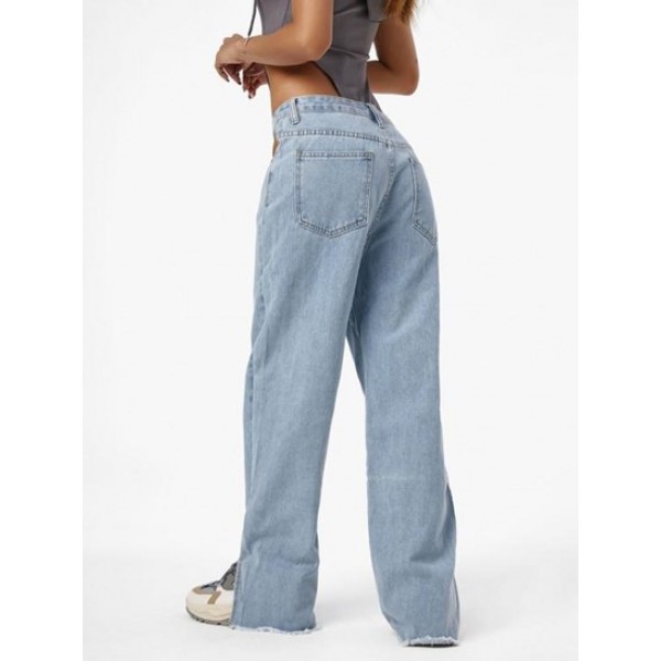 Light Wash Frayed Split Hem Straight Jeans Light Wash Frayed Split Hem Straight Jeans