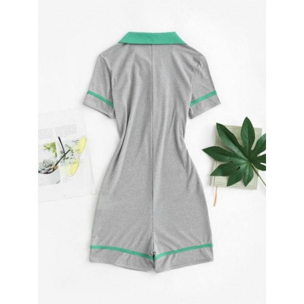 Ribbed Colorblock Button Placket Unitard Romper Ribbed Colorblock Button Placket Unitard Romper