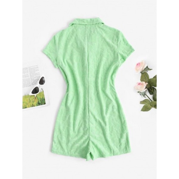 Button Up Collared Leopard Flocked Romper Button Up Collared Leopard Flocked Romper