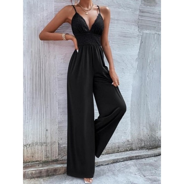 Lace Panel Sleeveless Solid Color Jumpsuit Lace Panel Sleeveless Solid Color Jumpsuit
