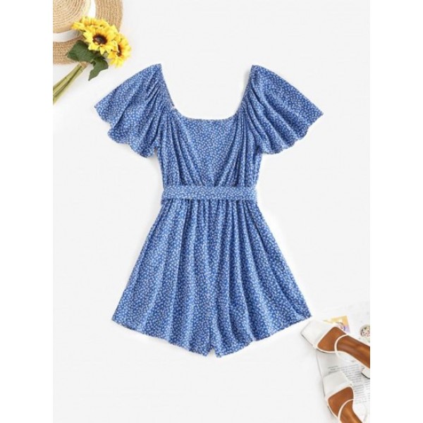 Flower Print Belted Wide Leg Romper Flower Print Belted Wide Leg Romper