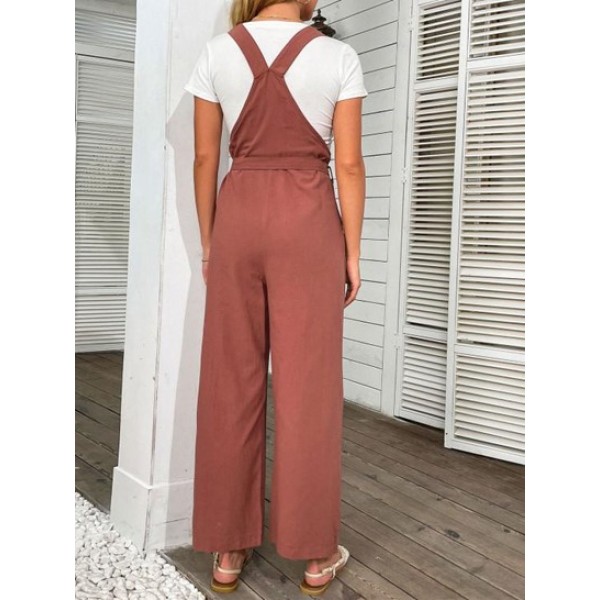 Tie Shoulder Belted Wide Leg Overalls Jumpsuit Tie Shoulder Belted Wide Leg Overalls Jumpsuit