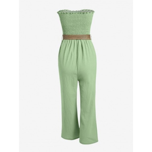 Smocked Mock Button Strapless Belted Capri Straight Jumpsuit Smocked Mock Button Strapless Belted Capri Straight Jumpsuit