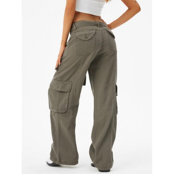 Flap Pockets Belted Cargo Wide Leg Pants Flap Pockets Belted Cargo Wide Leg Pants