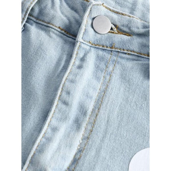 Raw Hem Heart Print Denim Skinny Shorts Raw Hem Heart Print Denim Skinny Shorts