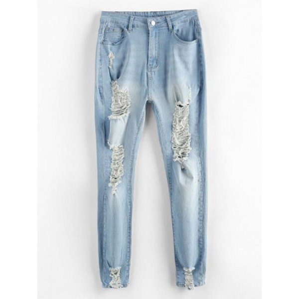 Shredded Distressed Light Wash Skinny Jeans