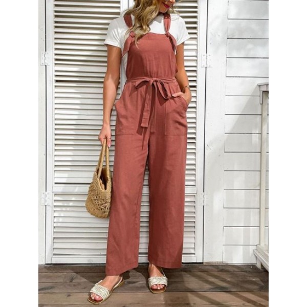 Tie Shoulder Belted Wide Leg Overalls Jumpsuit Tie Shoulder Belted Wide Leg Overalls Jumpsuit
