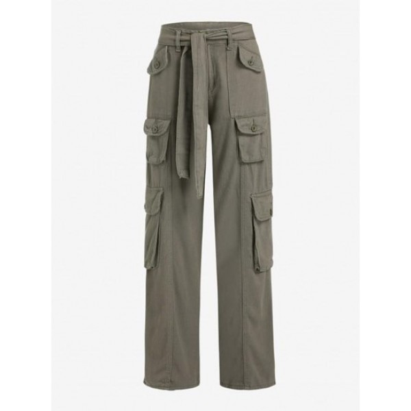 Flap Pockets Belted Cargo Wide Leg Pants Flap Pockets Belted Cargo Wide Leg Pants