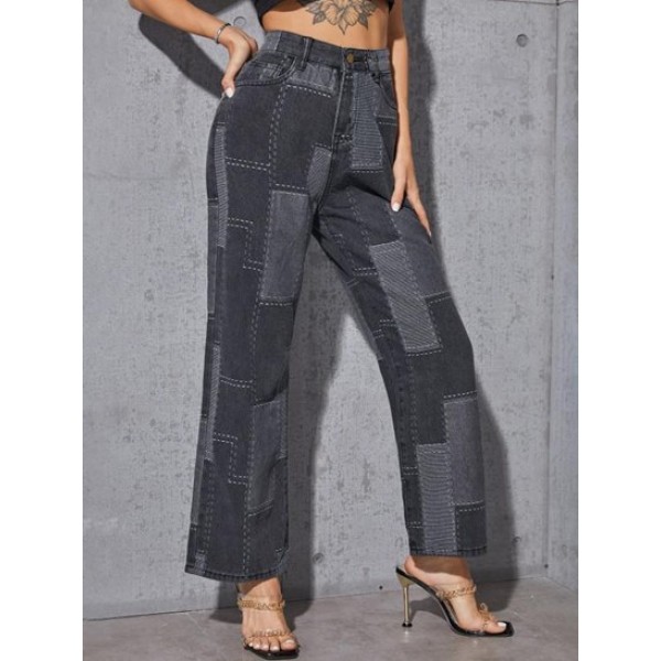 Patchwork Colorblock High Waist Straight Jeans Patchwork Colorblock High Waist Straight Jeans