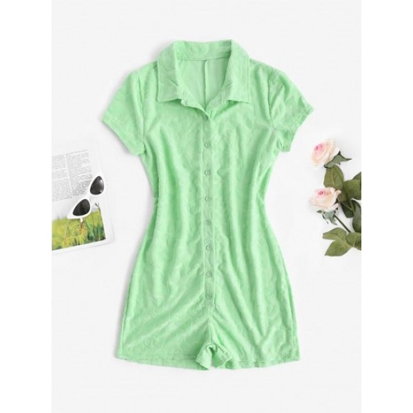 Button Up Collared Leopard Flocked Romper Button Up Collared Leopard Flocked Romper