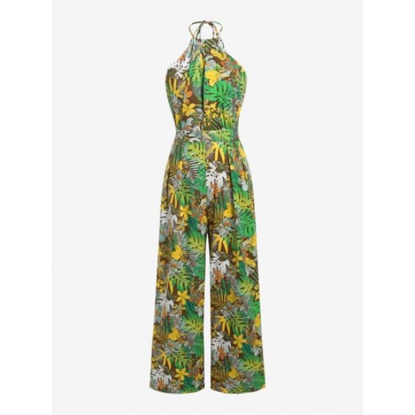 Flower Tropical Leaf Print Halter Wide Leg Jumpsuit Flower Tropical Leaf Print Halter Wide Leg Jumpsuit