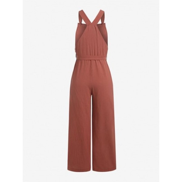 Tie Shoulder Belted Wide Leg Overalls Jumpsuit Tie Shoulder Belted Wide Leg Overalls Jumpsuit